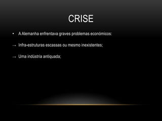 O desemprego e instabilidade, o que viria a despertar movimentos político-sociais, como o neonazi. CRISEA Alemanha enfrentava graves problemas económicos: Infra-estruturas escassas ou mesmo inexistentes;