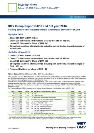 1/24 | OMV Q4/16
Investor News
February 16, 2017, 6:30 am (GMT), 7:30 am (CET)
OMV Aktiengesellschaft
OMV Group Report Q4/16 and full year 2016
including condensed consolidated financial statements as of December 31, 2016
Highlights Q4/16
 Clean CCS EBIT at EUR 315 mn
 Clean CCS net income attributable to stockholders at EUR 153 mn;
clean CCS Earnings Per Share of EUR 0.47
 Strong free cash flow after dividends including non-controlling interest changes of
EUR 803 mn
Highlights full year 2016
 Clean CCS EBIT at EUR 1,110 mn
 Clean CCS net income attributable to stockholders at EUR 995 mn;
clean CCS Earnings Per Share of EUR 3.05
 Strong free cash flow after dividends including non-controlling interest changes of
EUR 1,105 mn
 Proposed Dividend per share of EUR 1.20
Rainer Seele, CEO and Chairman of the OMV Executive Board:
“The year 2016 was one of transformation for OMV. We have taken significant steps towards reshaping the portfolio of OMV
and our total divestment efforts generated EUR 1.7 bn of proceeds. In Q4/16, we also increased our stake in four Exploration
and Production Sharing Agreements in the Sirte Basin in Libya.
Through Group-wide cost reductions and efficiency efforts, OMV saved EUR 200 mn, EUR 100 mn ahead of target. OMV
delivered a robust clean CCS EBIT of EUR 1,110 mn in 2016 supported by a strong Downstream result. The Group
generated free cash flow after dividends, including non-controlling interest changes, of EUR 1.1 bn, EUR 1.7 bn higher than
the previous year.
The Executive Board of OMV proposes to the Annual General Meeting a dividend per share of EUR 1.20.”
Q3/16 Q4/16 Q4/15 Δ% in EUR mn (unless otherwise stated) 2016 2015 Δ%
63 (81) (1,729) 95 EBIT (271) (2,006) 86
415 315 187 68 Clean CCS EBIT 1,110 1,390 (20)
48 (192) (1,017) 81 Net income attributable to stockholders 1
(217) (1,100) 80
447 153 180 (15)Clean CCS net income attributable to stockholders 1
995 1,148 (13)
0.15 (0.59) (3.11) 81 Earnings Per Share (EPS) in EUR (0.67) (3.37) 80
1.37 0.47 0.55 (15)Clean CCS EPS in EUR 3.05 3.52 (13)
652 611 434 41 Cash flow from operating activities 2,878 2,834 2
239 436 (143) n.m. Free cash flow before dividends 1,081 (39) n.m.
239 349 (143) n.m. Free cash flow after dividends 615 (569) n.m.
239 803 (143) n.m.
Free cash flow after dividends including non-controlling
interest changes 2
1,105 (581) n.m.
– – – n.a. Dividend Per Share (DPS) in EUR 3
1.20 1.00 20
1
After deducting net income attributable to hybrid capital owners and net income attributable to non-controlling interests
2
In Q4/16 and 2016, the non-controlling interest change mainly includes the cash inflow from the sale of a 49% minority stake in Gas Connect Austria
3
2016: As proposed by the Executive Board. Subject to confirmation by the Supervisory Board and the Annual General Meeting 2017
 