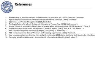 References
1. An evaluation of heuristic methods for Determining the best table mix (2005), Kimes and Thompson
2. Agile Supply Chain capabilities: Determinants of Competitive Objectives (2004), Yusuf et al
3. Operations and Process Management (2012), Slack et al
4. The Key to Success for a Small Restaurant - Operational Process Flow (2012), Malinconico, J;
5. Service Failures in restaurants: Which stage of service failure is the most critical (2010), Namkung, Y; Yang, S;
6. Insights into service operations management: a research agenda, (2003), Roth, A. V., and Menor, L. J
7. New service development: initiation strategies ,(2010), Kelly, D. and Storey, C.
8. R&D comes to services: Bank of America’s path breaking experiments, (2003), Thomke, S.
9. New service development: learning from and with customers, (2004), Jonas Matthing, Bodil Sandén, Bo Edvardsson
10. Taking Up Space? How Customers React to Health Information and Health, (2009), Jones, C
 