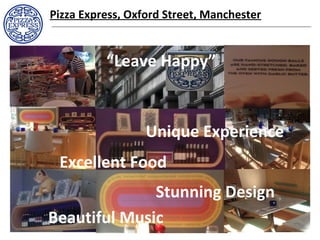 Pizza Express, Oxford Street, Manchester
Stunning Design
Beautiful Music
“Leave Happy”
Excellent Food
Unique Experience
 