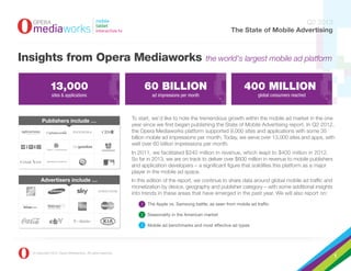 To start, we’d like to note the tremendous growth within the mobile ad market in the one
year since we first began publishing the State of Mobile Advertising report. In Q2 2012,
the Opera Mediaworks platform supported 9,000 sites and applications with some 35
billion mobile ad impressions per month. Today, we serve over 13,000 sites and apps, with
well over 60 billion impressions per month.
In 2011, we facilitated $240 million in revenue, which leapt to $400 million in 2012.
So far in 2013, we are on track to deliver over $600 million in revenue to mobile publishers
and application developers – a significant figure that solidifies this platform as a major
player in the mobile ad space.
In this edition of the report, we continue to share data around global mobile ad traffic and
monetization by device, geography and publisher category – with some additional insights
into trends in these areas that have emerged in the past year. We will also report on:
The Apple vs. Samsung battle, as seen from mobile ad traffic
Seasonality in the American market
Mobile ad benchmarks and most effective ad types
Advertisers include …
Insights from Opera Mediaworks the world's largest mobile ad platform
sites & applications
13,000 60 BILLION
ad impressions per month
400 MILLION
global consumers reached
Q2 2013
The State of Mobile Advertising
© Copyright 2013, Opera Mediaworks. All rights reserved.
Publishers include …
1
 