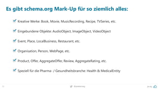 33 @peakaceag pa.ag
Es gibt schema.org Mark-Up für so ziemlich alles:
Kreative Werke: Book, Movie, MusicRecording, Recipe, TVSeries, etc.
Eingebundene Objekte: AudioObject, ImageObject, VideoObject
Event, Place, LocalBusiness, Restaurant, etc.
Organisation, Person, WebPage, etc.
Product, Offer, AggregateOffer, Review, AggregateRating, etc.
Speziell für die Pharma- / Gesundheitsbranche: Health & MedicalEntity
 