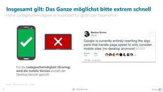 59 pa.ag@peakaceag
Insgesamt gilt: Das Ganze möglichst bitte extrem schnell
Hohe Ladegeschwindigkeit ist essenziell für gute User Experience!
Quelle: SMX Advanced 2017, Seattle
Für die Ladegeschwindigkeit (Scoring)
wird die mobile Version anstatt der
Desktop Version geprüft.
 
