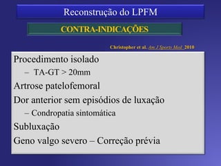 Ligamento não isómetrico
Tenso em extensão / frouxo em flexão
Diferença na isometria - fibras proximais e
distais
– Quanto mais proximal - maior a
tensão em flexão
– Quanto mais distal - maior tensão em
extensão
Reconstrução anatômica
 