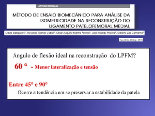 TÉCNICA CIRÚRGICA
Duplo Feixe em Y
Aceito para publicação – RBO 2015
Prospectivo de Coorte
Seguimento – 18 meses
31 pacientes
COT – Salvador
Kujala – Pré: 45,64 ± 1,24
Pós: 94,03 ± 0,79 (p<0,001)
Tegner-Lysholm – Pré: 40,51 ± 1,61
Pós: 91,64 ± 0,79 (p<0,001)
Sem recidivas
 