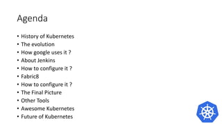 Agenda
• History of Kubernetes
• The evolution
• How google uses it ?
• About Jenkins
• How to configure it ?
• Fabric8
• How to configure it ?
• The Final Picture
• Other Tools
• Awesome Kubernetes
• Future of Kubernetes
 
