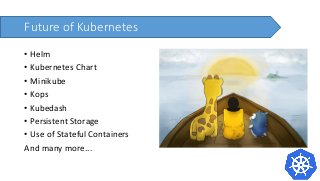 Future of Kubernetes
• Helm
• Kubernetes Chart
• Minikube
• Kops
• Kubedash
• Persistent Storage
• Use of Stateful Containers
And many more...
 
