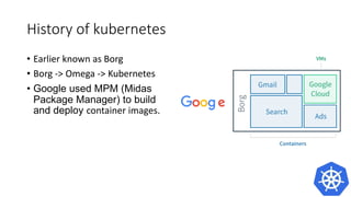 History of kubernetes
• Earlier known as Borg
• Borg -> Omega -> Kubernetes
• Google used MPM (Midas
Package Manager) to build and
deploy container images.
 