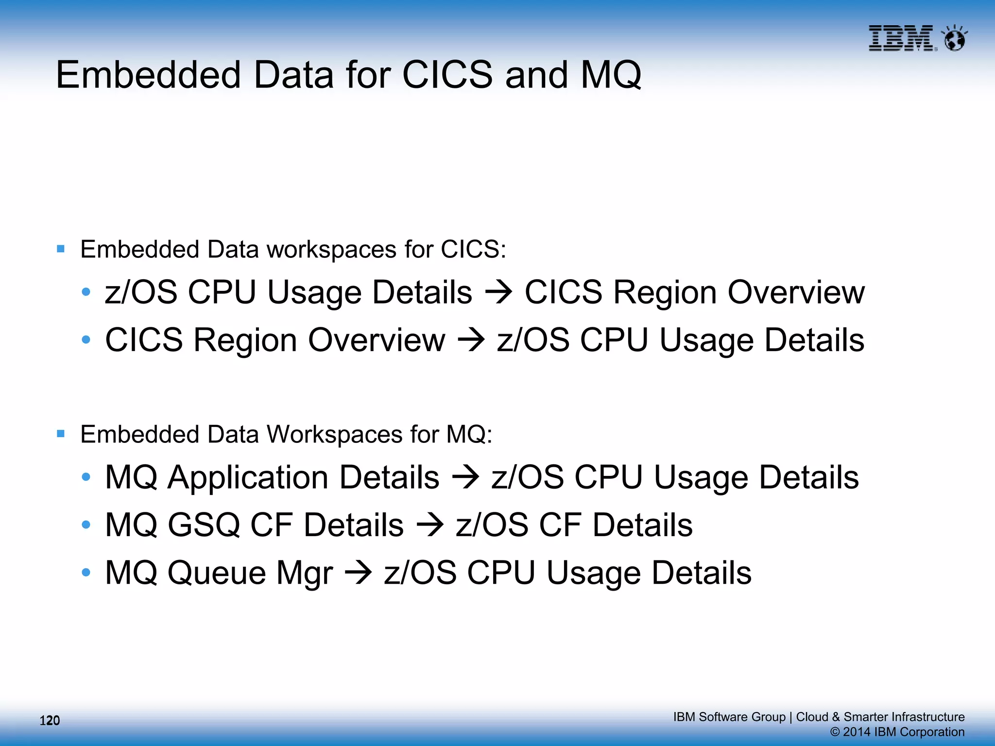 IBM Software Group | Cloud & Smarter Infrastructure
© 2014 IBM Corporation
Embedded Data for CICS and MQ
 Embedded Data workspaces for CICS:
• z/OS CPU Usage Details  CICS Region Overview
• CICS Region Overview  z/OS CPU Usage Details
 Embedded Data Workspaces for MQ:
• MQ Application Details  z/OS CPU Usage Details
• MQ GSQ CF Details  z/OS CF Details
• MQ Queue Mgr  z/OS CPU Usage Details
120120
 