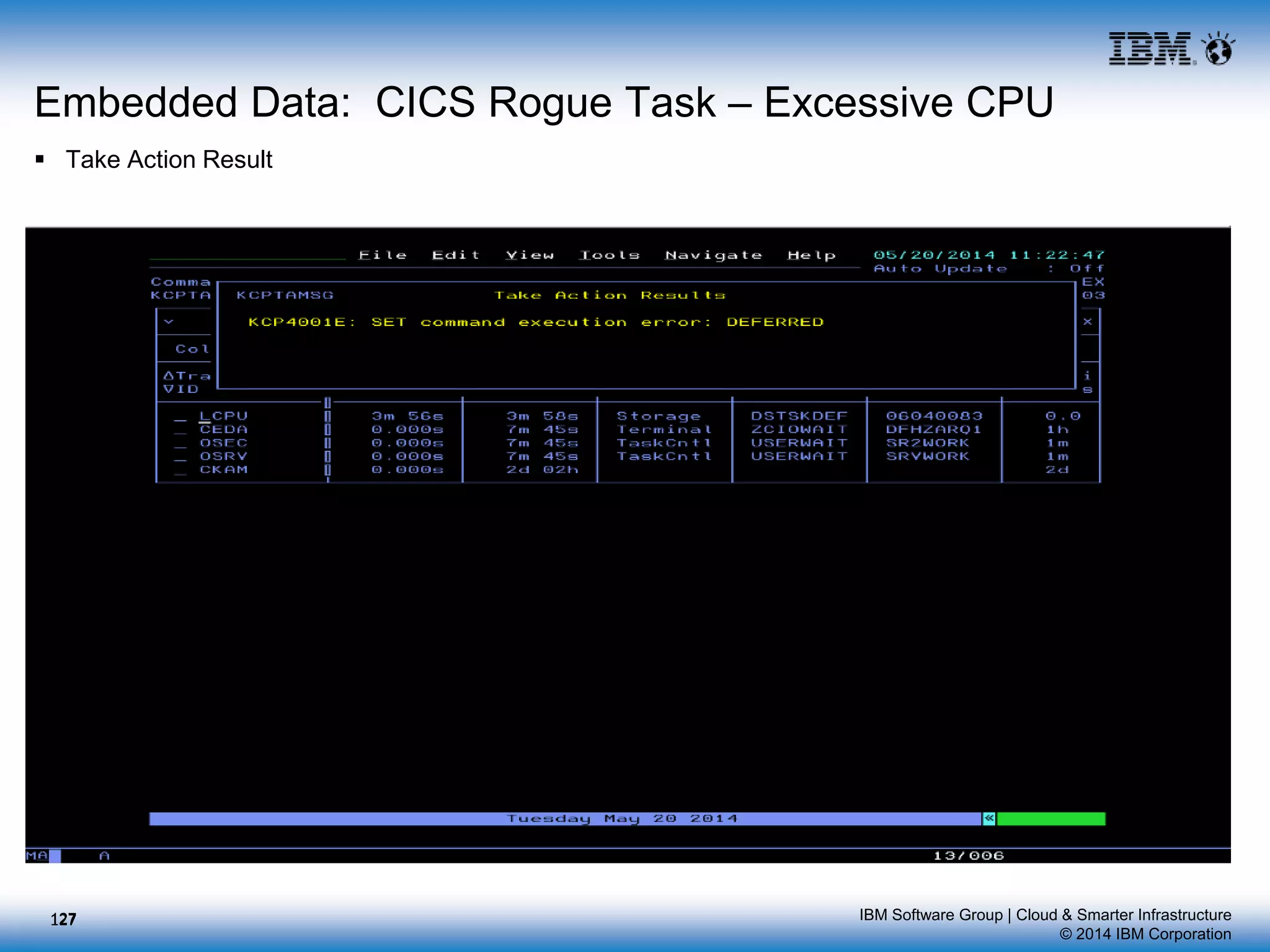 IBM Software Group | Cloud & Smarter Infrastructure
© 2014 IBM Corporation
Embedded Data: CICS Rogue Task – Excessive CPU
 Take Action Result
127127
 