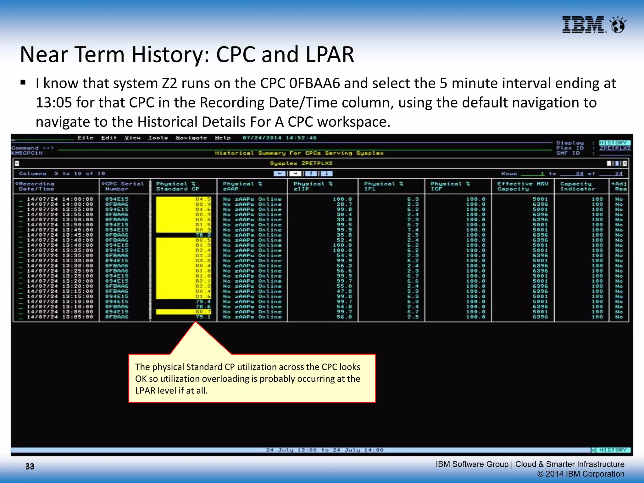 IBM Software Group | Cloud & Smarter Infrastructure
© 2014 IBM Corporation
Near Term History: CPC and LPAR
 I know that system Z2 runs on the CPC 0FBAA6 and select the 5 minute interval ending at
13:05 for that CPC in the Recording Date/Time column, using the default navigation to
navigate to the Historical Details For A CPC workspace.
33
The physical Standard CP utilization across the CPC looks
OK so utilization overloading is probably occurring at the
LPAR level if at all.
33
 