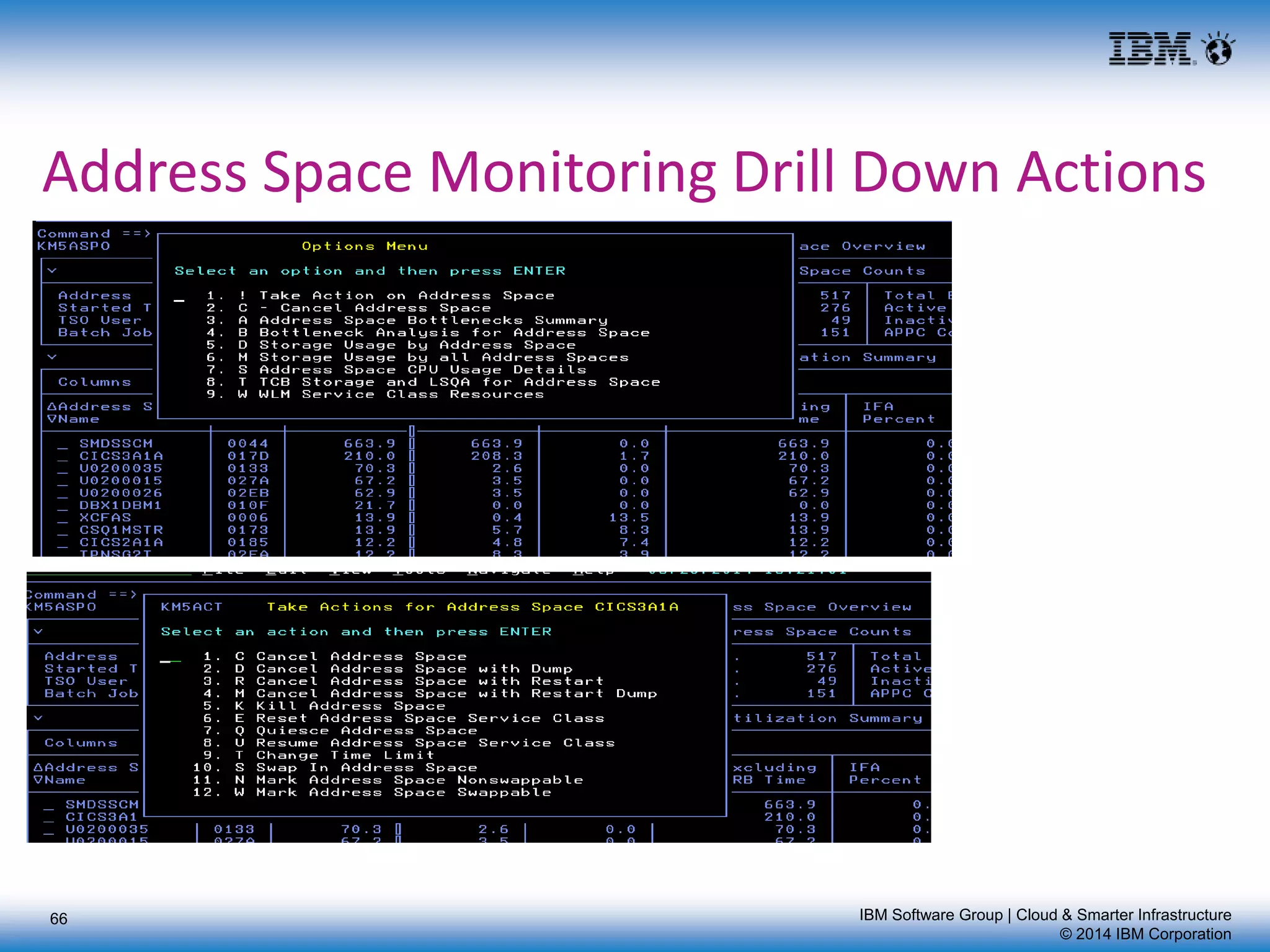 IBM Software Group | Cloud & Smarter Infrastructure
© 2014 IBM Corporation
Address Space Monitoring Drill Down Actions
66
 