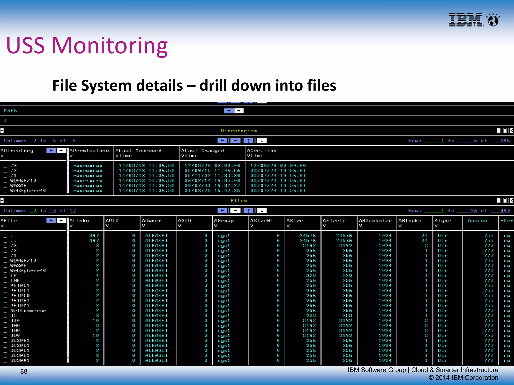 IBM Software Group | Cloud & Smarter Infrastructure
© 2014 IBM Corporation
USS Monitoring
File System details – drill down into files
88
 