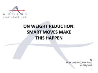 By
M. SCUNZIANO, MD, NMD
01/29/2015
1
ON WEIGHT REDUCTION:
SMART MOVES MAKE
THIS HAPPEN
 