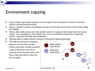 Environment copying In this model, each worker mantains its own copy of the environment in which it can write without causing binding conflicts. When a variable is bound, the binding is stored in the private environment of the worker doing the binding. When a idle worker picks work from another worker, it copies all the stacks from the sharing worker. As a consequence, each worker can carry out execution exactly like a sequential system, requiring very little synchronization. Copying stacks is made efficient using the incremental copying technique. The idea of incremental copying is based on the fact that the idle worker could have already traversed a part of the seach tree that is common to the sharing worker, and thus it does not need to copy this part of stacks. N2 N5 N3 N4 N1 Q P Node without alternatives Node with alternatives Alt 1 Alt 2 Alt 3 Alt 1 Alt 2 Alt 3 