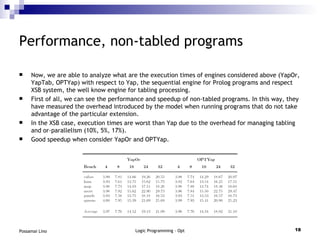 Performance, non-tabled programs Now, we are able to analyze what are the execution times of engines considered above (YapOr, YapTab, OPTYap) with respect to Yap, the sequential engine for Prolog programs and respect XSB system, the well know engine for tabling processing. First of all, we can see the performance and speedup of non-tabled programs. In this way, they have measured the overhead introduced by the model when running programs that do not take advantage of the particular extension. In the XSB case, execution times are worst than Yap due to the overhead for managing tabling and or-parallelism (10%, 5%, 17%). Good speedup when consider YapOr and OPTYap. 