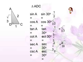 ADC
    A
                                     1
                    sin A   sin30o
            2                         2
                    =       =
3                   cos A   cos 30o 2
    D           C                    3
        1           =       =          1
                    tan A   tan          = 3
                                o         3
                    =       30       3
                    cot A   cot 30 o
                            =
                    =       =        3
                            sec       2   2
                    sec A                = 33
                    =       30o      3
                    csc A   c
                            =sc        2
                    =       30o
                            =
 