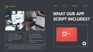 Book Now
About Us Our Service
Home
WHAT OUR APP
SCRIPT INCLUDES?
Car Care Website
Car Owner Android App
Service Provider iOS App
Service Provider Web
Panel
Car Owner iOS App
Car Owner Web Panel
Service Provider Android
App
Service Provider Company
Web Panel
Admin Web Panel to manage the overall working of the app i.e.
Payments, Commission, Rates, Service Providers, Client, etc.
v3cube.com
 