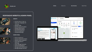 Book Now
About Us Our Service
Home
RESPONSIVE WEBSITE & ADMIN PANEL
WEBSITE
Multiple Ways to Sign Up
Select the Language and
Currency
Mange Profile
Browse Service Providers
Mange Wallet Money
View Booking History
View Earning Report
Schedule Bookings
ADMIN PANEL
Robust Dashboard
Access to Records of Users
Details of Job Completion
Clear Map View of
Bookings
View/ Manage Payments
View Earning Reports
Manage Push Notifications
Manage Multiple Services
v3cube.com
 