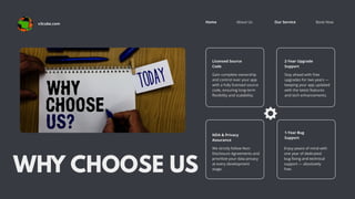 Book Now
About Us Our Service
Home
WHY CHOOSE US
Licensed Source
Code
Gain complete ownership
and control over your app
with a fully licensed source
code, ensuring long-term
flexibility and scalability.
2-Year Upgrade
Support
Stay ahead with free
upgrades for two years —
keeping your app updated
with the latest features
and tech enhancements.
NDA & Privacy
Assurance
We strictly follow Non-
Disclosure Agreements and
prioritize your data privacy
at every development
stage.
1-Year Bug
Support
Enjoy peace of mind with
one year of dedicated
bug fixing and technical
support — absolutely
free.
v3cube.com
 