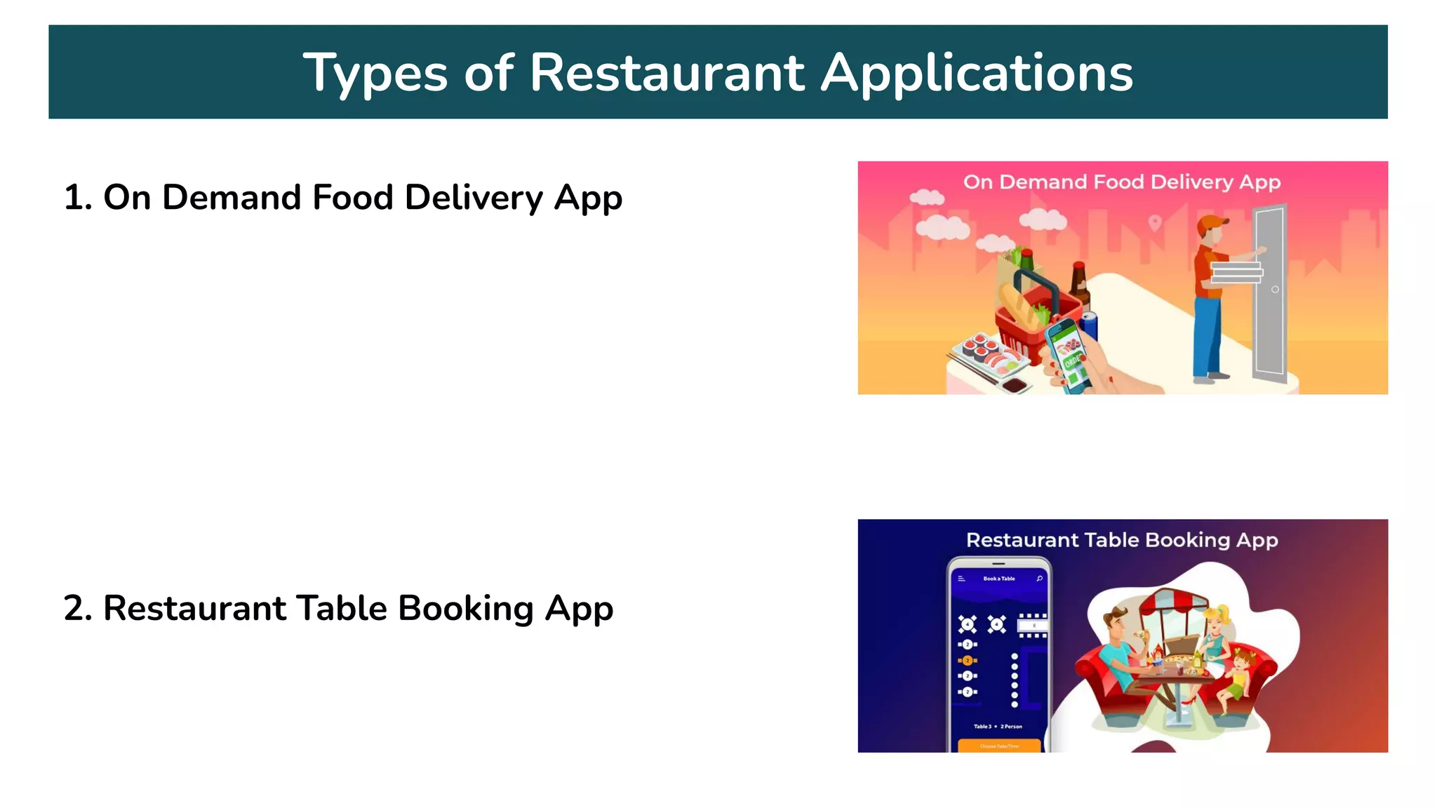 Types of Restaurant Applications
1. On Demand Food Delivery App
2. Restaurant Table Booking App
 