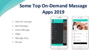  Uber for massage
 Zeel Massage
 Urban Massage
 Wygo
 Massage Envy
 Zennya
Some Top On-Demand Massage
Apps 2019
 