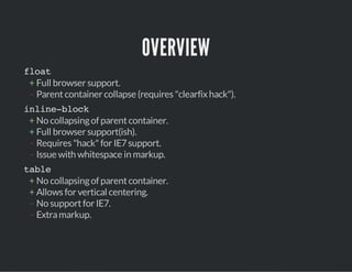 OVERVIEW
+
-
float
Full browsersupport.
Parentcontainercollapse (requires "clearfixhack").
+
+
-
-
inline-block
No collapsingofparentcontainer.
Full browsersupport(ish).
Requires "hack" forIE7support.
Issue with whitespace in markup.
+
+
-
-
table
No collapsingofparentcontainer.
Allows forvertical centering.
No supportforIE7.
Extramarkup.
 