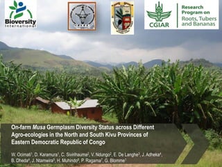 On-farm Musa Germplasm Diversity Status across Different
Agro-ecologies in the North and South Kivu Provinces of
Eastern Democratic Republic of Congo
W. Ocimati1, D. Karamura1, C. Sivirihauma2, V. Ndungo2, E. De Langhe3, J. Adheka4,
B. Dheda4, J. Ntamwira5, H. Muhindo6, P. Ragama7, G. Blomme1
 