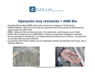 Operación muy resistente = AMB Bio
• Assisting Moving Bed (AMB) ofrece diez veces mas la carga en 1/5 del tiempo.
• AMB Bio Media = 950 m2/ m3 de área de superficie dentro de la planta de tratamiento de
  aguas negras de ON-FLOW.
• AMB= Operación libre de obstrucciones. Con sistema de auto limpieza y auto check.
• El Bio Film se regenera en el AMB Media y ofrece una operación protegida y resistente.
• No es necesario un retrolavado. Los requerimientos de servicio son mínimos, y la operación
  es sencilla y libre de escurrimientos.
• Las plantas ON-FLOW cumplen con los estándares estrictos de efluentes de Europa, Asia y
  América (México).




                                DAS USA es propietaria del diseño de AMB Bio Media
 