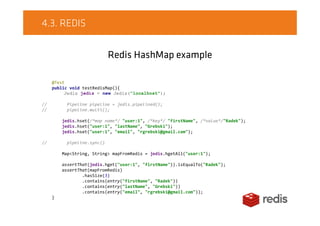 4.3. REDIS
Redis HashMap example
@Test
public void testRedisMap(){
Jedis jedis = new Jedis("localhost");
// Pipeline pipeline = jedis.pipelined();
// pipeline.multi();
jedis.hset(/*map name*/ "user:1", /*key*/ "firstName", /*value*/"Radek");
jedis.hset("user:1", "lastName", "Grebski");
jedis.hset("user:1", "email", "rgrebski@gmail.com");
// pipeline.sync()
Map<String, String> mapFromRedis = jedis.hgetAll("user:1");
assertThat(jedis.hget("user:1", "firstName")).isEqualTo("Radek");
assertThat(mapFromRedis)
.hasSize(3)
.contains(entry("firstName", "Radek"))
.contains(entry("lastName", "Grebski"))
.contains(entry("email", "rgrebski@gmail.com"));
}
 