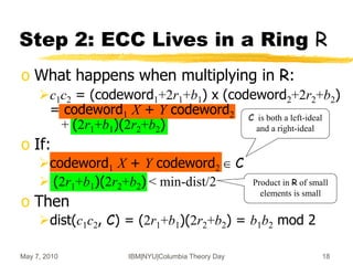 May 7, 2010 IBM|NYU|Columbia Theory Day 18
Step 2: ECC Lives in a Ring R
o What happens when multiplying in R:
c1c2 = (codeword1+2r1+b1) x (codeword2+2r2+b2)
= codeword1 X + Y codeword2
+ (2r1+b1)(2r2+b2)
o If:
codeword1 X + Y codeword2  C
 (2r1+b1)(2r2+b2) < min-dist/2
o Then
dist(c1c2, C) = (2r1+b1)(2r2+b2) = b1b2 mod 2
C is both a left-ideal
and a right-ideal
Product in R of small
elements is small
 