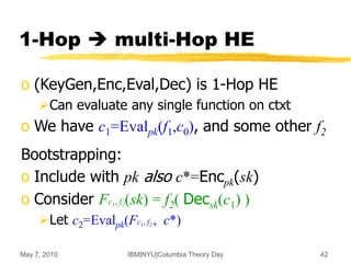 May 7, 2010 IBM|NYU|Columbia Theory Day 42
1-Hop  multi-Hop HE
o (KeyGen,Enc,Eval,Dec) is 1-Hop HE
Can evaluate any single function on ctxt
o We have c1=Evalpk(f1,c0), and some other f2
Bootstrapping:
o Include with pk also c*=Encpk(sk)
o Consider Fc1, f2(sk) = f2( Decsk(c1) )
Let c2=Evalpk(Fc1, f2 , c*)
 
