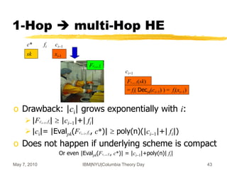May 7, 2010 IBM|NYU|Columbia Theory Day 43
Fci-1, fi
1-Hop  multi-Hop HE
o Drawback: |ci| grows exponentially with i:
|Fci-1, fi|  |ci-1|+| fi|
|ci|= |Evalpk(Fci-1, fi , c*)|  poly(n)(|ci-1|+| fi|)
o Does not happen if underlying scheme is compact
Or even |Evalpk(Fci-1, fi , c*)| = |ci-1|+poly(n)| fi|
xi-1
sk
ci-1
fi
Fci-1, fi(sk)
ci+1
= fi( Decsk(ci-1) ) = fi(xi-1)
c*
 