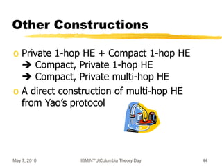 May 7, 2010 IBM|NYU|Columbia Theory Day 44
Other Constructions
o Private 1-hop HE + Compact 1-hop HE
 Compact, Private 1-hop HE
 Compact, Private multi-hop HE
o A direct construction of multi-hop HE
from Yao’s protocol
 