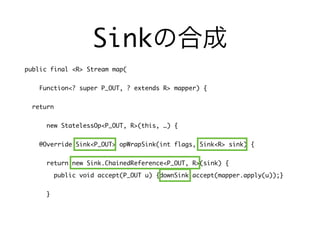 public final <R> Stream map(
Function<? super P_OUT, ? extends R> mapper) {
return
new StatelessOp<P_OUT, R>(this, …) {
@Override Sink<P_OUT> opWrapSink(int flags, Sink<R> sink) {
return new Sink.ChainedReference<P_OUT, R>(sink) {
public void accept(P_OUT u) {downSink.accept(mapper.apply(u));}
}
Sinkの合成
 