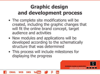 Graphic design  and development process The complete site modifications will be created, including the graphic changes that will fit the online brand concept, target audience and activities New modules and applications will be developed according to the schematically structure that was determined This process will include milestones for displaying the progress 