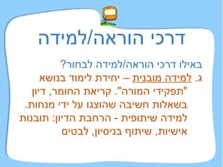דרכי הוראה / למידה באילו דרכי הוראה / למידה לבחור ?   ג .  למידה מובנית  – יחידת לימוד בנושא  " תפקידי המורה ".  קריאת החומר ,  דיון בשאלות חשיבה שהוצגו על ידי מנחות .  למידה שיתופית  -  הרחבת הדיון :  תובנות אישיות ,  שיתוף בניסיון ,  לבטים 