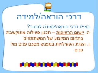 דרכי הוראה / למידה באילו דרכי הוראה / למידה לבחור ?   ה .  יישום הרעיונות  – תכנון פעילות מתוקשבת בתחום המקצוע של המשתתפים ו .  הצגת הפעילויות במפגש מסכם פנים מול פנים 