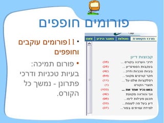 פורומים חופפים 11 פורומים עוקבים וחופפים פורום תמיכה :  בעיות טכניות ודרכי פתרונן  -  נמשך כל הקורס . 