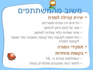 יצירת קהילה לומדת הדיונים היו טובים ומעניינים צער על סיום ורצון להמשך שינוי עמדות כלפי עמדות למחשב התייחסות לקבוצה כאל קבוצה חושבת יותר מאשר לקבוצה לומדת תפקידי המורה בקשות מיוחדות השתלמות טכנית ב -  HL ללמוד כיצד מתכננים ומלמדים בצוות משוב מהמשתתפים 