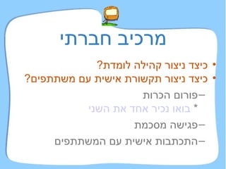 מרכיב חברתי כיצד ניצור קהילה לומדת ? כיצד ניצור תקשורת אישית עם משתתפים ? פורום הכרות *  בואו נכיר אחד את השני פגישה מסכמת התכתבות אישית עם המשתתפים 