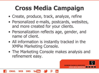 Cross Media Campaign Create, produce, track, analyze, refine Personalized e-mails, postcards, websites, and more created for your clients. Personalization reflects age, gender, and name of client. All information is instantly tracked in the XMPie Marketing Console. The Marketing Console makes analysis and refinement easy. 