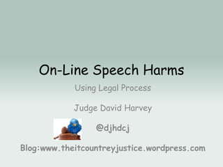 On-Line Speech Harms
Using Legal Process
Judge David Harvey
@djhdcj
Blog:www.theitcountreyjustice.wordpress.com
 