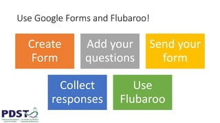 Use Google Forms and Flubaroo!
Create
Form
Add your
questions
Send your
form
Collect
responses
Use
Flubaroo
 