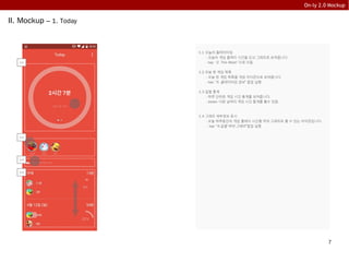 7
On-ly 2.0 Mockup
II. Mockup – 1. Today
1.1 오늘의 플레이타임
- 오늘의 게임 플레이 시간을 도넛 그래프로 보여줍니다.
- tap: “2. This Week” 으로 이동.
1.2 오늘 한 게임 목록
- 오늘 한 게임 목록을 게임 아이콘으로 보여줍니다.
- tap: “5. 플레이타임 정보” 팝업 실행
1.3 일별 통계
- 하루 단위로 게임 시간 통계를 보여줍니다.
- swipe: 다른 날짜의 게임 시간 통계를 볼수 있음.
1.4 그래프 세부정보 표시
- 오늘 하루동안의 게임 플레이 시간을 막대 그래프로 볼 수 있는 아이콘입니다.
- tap: “6.일별 막대 그래프”팝업 실행
1.1
1.2
1.3
1.4
 