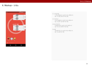 9
On-ly 2.0 Mockup
II. Mockup – 3.메뉴
3.1 내 게임 책장
- 내 게임 책장을 보고 싶으면 누르는 버튼입니다.
- tap: “11.책장 전체 보기”으로 이동
3.2 내 친구는?
- 친구의 정보를 보고 싶으면 누르는 버튼입니다.
- tap: “12.공유 기능 메뉴”으로 이동
3.5 On-ly 추천 하기
- On-ly를 추천하고 싶으면 누르는 버튼입니다.
- tap: “21.On-ly 추천하기”으로 이동
3.6 설정
- 설정 페이지로 가고 싶으면 누르는 버튼입니다.
- tap: “22.설정”으로 이동
3.1
3.2
3.5
3.6
내 게임 책장
내 친구는?
On-ly 추천하기
설정
 