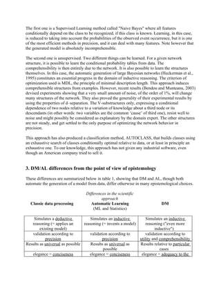 The first one is a Supervised Learning method called "Naive Bayes" where all features
conditionally depend on the class to be recognized, if this class is known. Learning, in this case,
is reduced to taking into account the probabilities of the observed event occurrence, but it is one
of the most efficient methods in precision, and it can deal with many features. Note however that
the generated model is absolutely incomprehensible.

The second one is unsupervised. Two different things can be learned. For a given network
structure, it is possible to learn the conditional probability tables from data. The
comprehensibility is then entirely due to the network. It is also possible to learn the structures
themselves. In this case, the automatic generation of large Bayesian networks (Heckerman et al.,
1995) constitutes an essential progress in the domain of inductive reasoning. The criterion of
optimization used is MDL, the principle of minimal description length. This approach induces
comprehensible structures from examples. However, recent results (Bendou and Munteanu, 2003)
devised experiments showing that a very small amount of noise, of the order of 1%, will change
many structures of the network. They also proved the generality of their experimental results by
using the properties of d–separation. The V-substructures only, expressing a conditional
dependence of two nodes relative to a variation of knowledge about a third node or its
descendants (in other words: two variables are the common ‘cause’ of third one), resist well to
noise and might possibly be considered as explanatory by the domain expert. The other structures
are not steady, and get settled to the only purpose of optimizing the network behavior in
precision.

This approach has also produced a classification method, AUTOCLASS, that builds classes using
an exhaustive search of classes conditionally optimal relative to data, or at least in principle an
exhaustive one. To our knowledge, this approach has not given any industrial software, even
though an American company tried to sell it.


3. DM/AL differences from the point of view of epistemology

These differences are summarized below in table 1, showing that DM and AL, though both
automate the generation of a model from data, differ otherwise in many epistemological choices.

                                   Differences in the scientific
                                            approach
  Classic data processing             Automatic Learning                        DM
                                       (ML and Statistics)

    Simulates a deductive            Simulates an inductive        Simulates an inductive
   reasoning (= applies an       reasoning (= invents a model)     reasoning ("even more
        existing model)                                                 inductive")
   validation according to          validation according to       validation according to
           precision                       precision           utility and comprehensibility
Results as universal as possible     Results as universal as   Results relative to particular
                                            possible                       cases
   elegance = conciseness           elegance = conciseness      elegance = adequacy to the
 