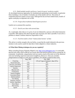 4.1.9 - Build multiple models and form a ‘panel of experts’ predictive models
AL developed numerous approaches for simultaneously generating several models, in particular
those including a vote of models. Eventually one of the models will win. The notion of
cooperation between experts is never used. Although this has not been studied much, models of
agents could play an important role in DM.

       4.1.10 - Forget about traditional dated hygiene practices

I prefer not to comment this assertion.

       4.1.11 - Enrich your data with external data

AL, in principle, takes data as it is given. It are not obtained by a process with which interaction
is possible. DM supposes that observing that some necessary new data is possible. It can solve a
problem or obtain a solution otherwise impossible to find.

       4.1.12 - Feed the models a better ‘balanced fuel mixture’ of data

This advice is similar enough to the one before, except that the model obtained at the previous
iteration is also used to search for data that is better adapted to a future induction.

4.2 What Data Mining techniques do you use regularly?

When consulting Gregory Piatetsky-Shapiro's site, http://www.kdnuggets.com, it is noticeable
that the tools really used in DM are not exactly those that had the greatest success among the AL
community. In particular, categorization tools are used as much as the entire set of the statistical
tools (not including regression and nearest neighbors). Moreover, when one considers
categorization no longer as a tool, but as a problem, 22% declare a need for these tools.
                              Aug. 2001                       Oct. 2002
       Clustering                 -             12% (if ‘type of analysis’, then 22%)
   Neural Networks              13%                               9%
 Decision Trees/Rules           19%                              16%
  Logistic Regression           14%                               9%
        Statistics              17%                              12%
      Bayesian nets              6%                               3%
      Visualization              8%                               6%
   Nearest Neighbor               -                               5%
   Association Rules             7%                               8%
    Hybrid methods               4%                               3%
      Text Mining                2%                               4%
   Sequence Analysis              -                               3%
  Genetic Algorithms              -                               3%
      Naive Bayes                 -                               2%
      Web mining                 5%                               2%
         Agents                  1%                                -
 