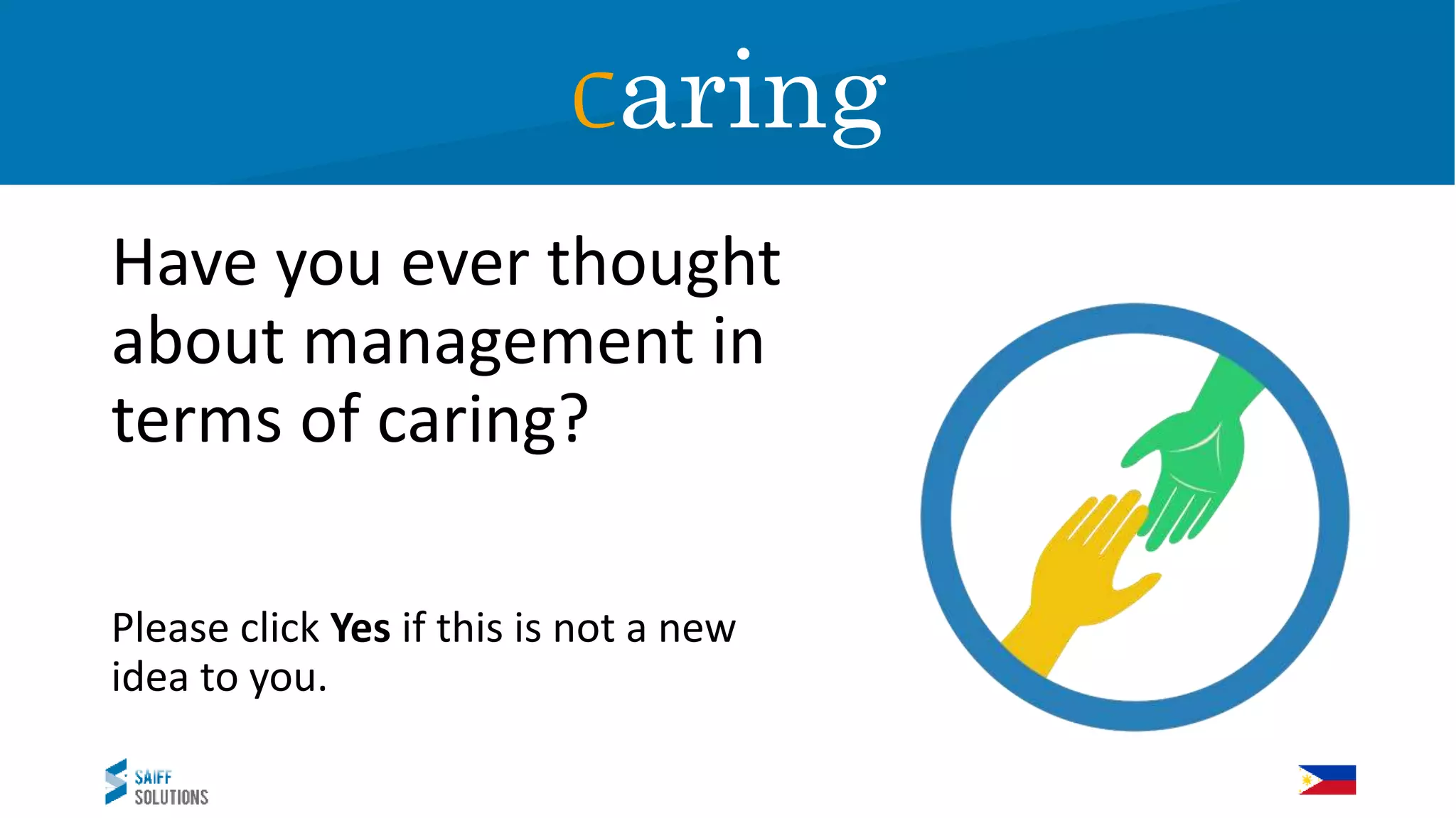 Caring
Have you ever thought
about management in
terms of caring?
Please click Yes if this is not a new
idea to you.
Caring
 