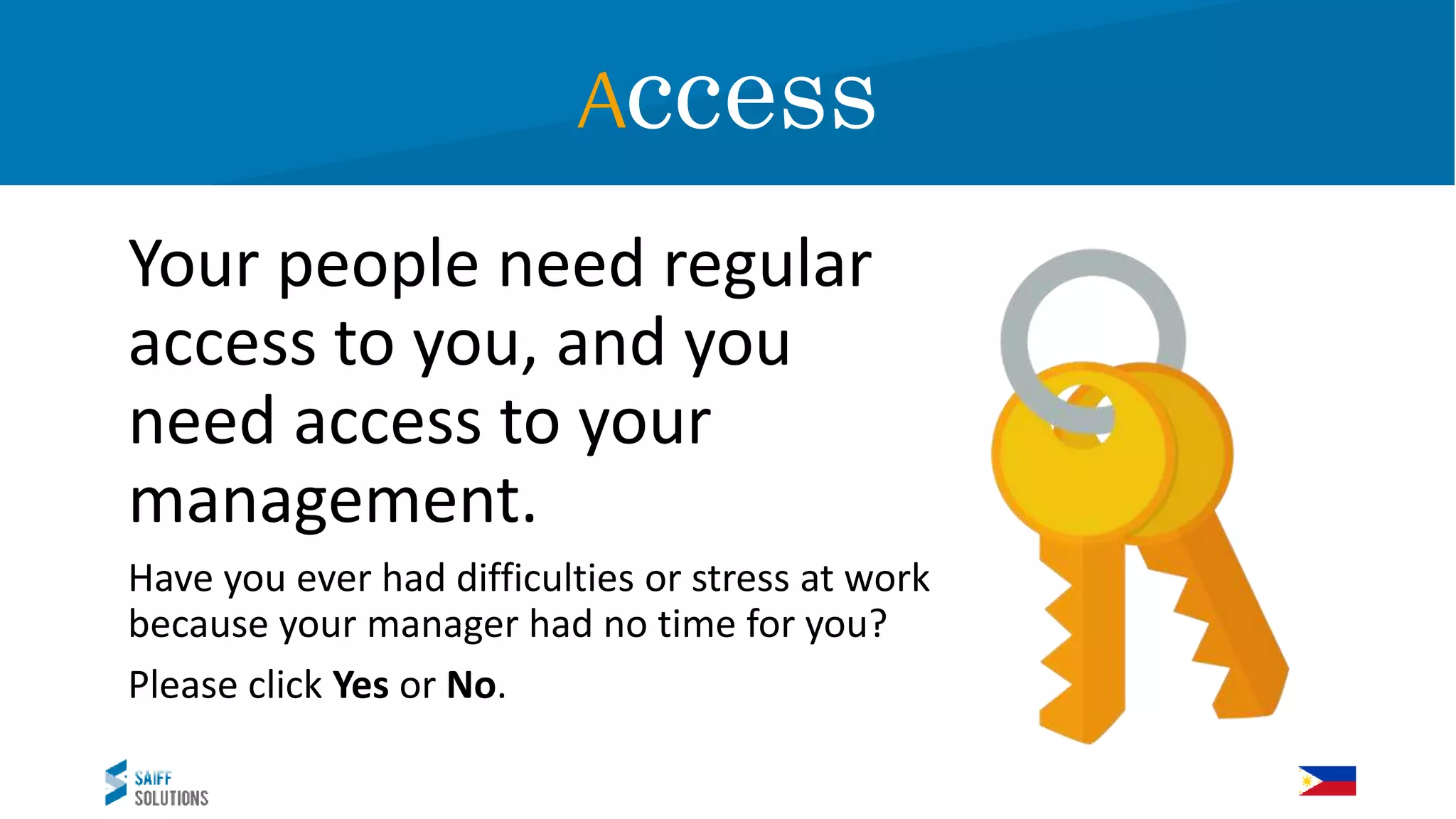 AccessAccess
Your people need regular
access to you, and you
need access to your
management.
Have you ever had difficulties or stress at work
because your manager had no time for you?
Please click Yes or No.
 